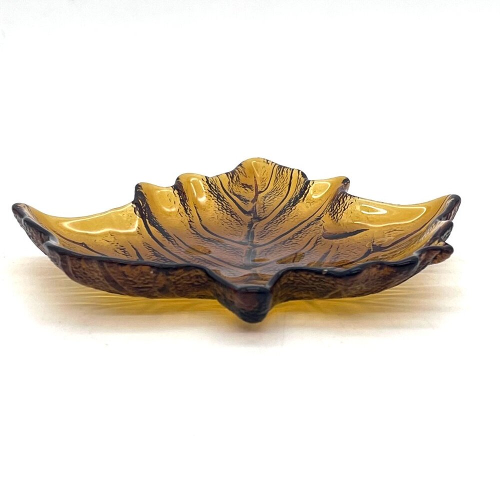 Amber Depression Glass Maple Leaf Shaped Candy Dish Bowl Ashtray Textured Finish - Picture 3 of 16